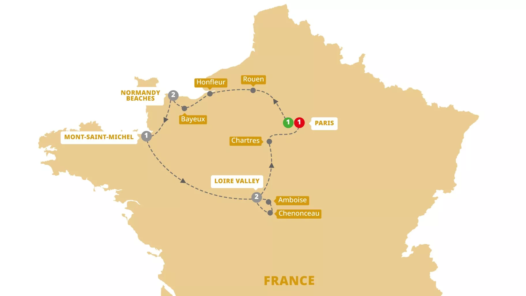 Treasures France including Normandy Guided Tour Map