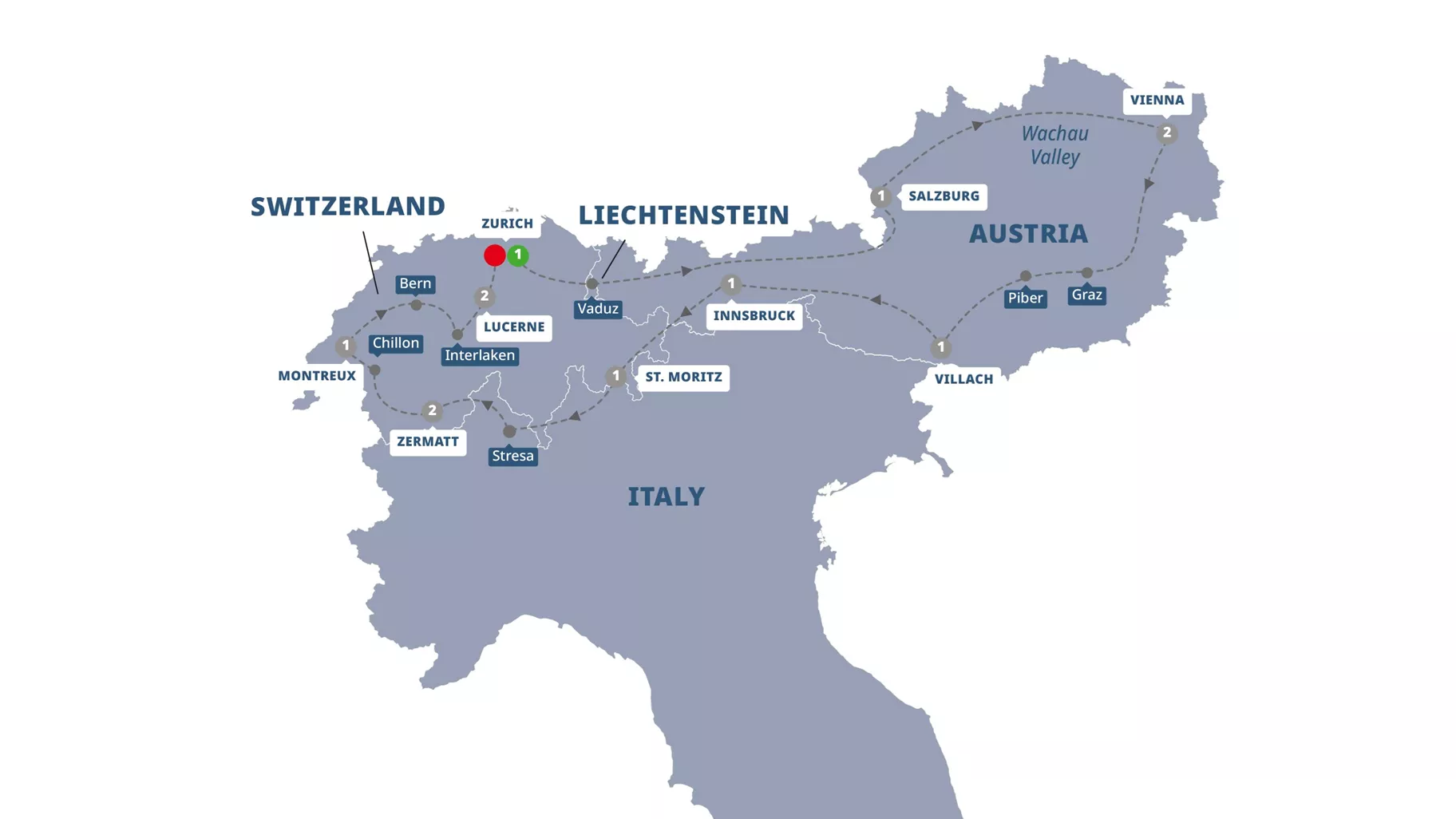 Switzerland Austria Guided Tour Map