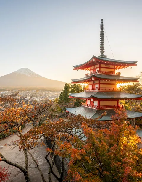 Japanese temple overlooking Mount Fuji