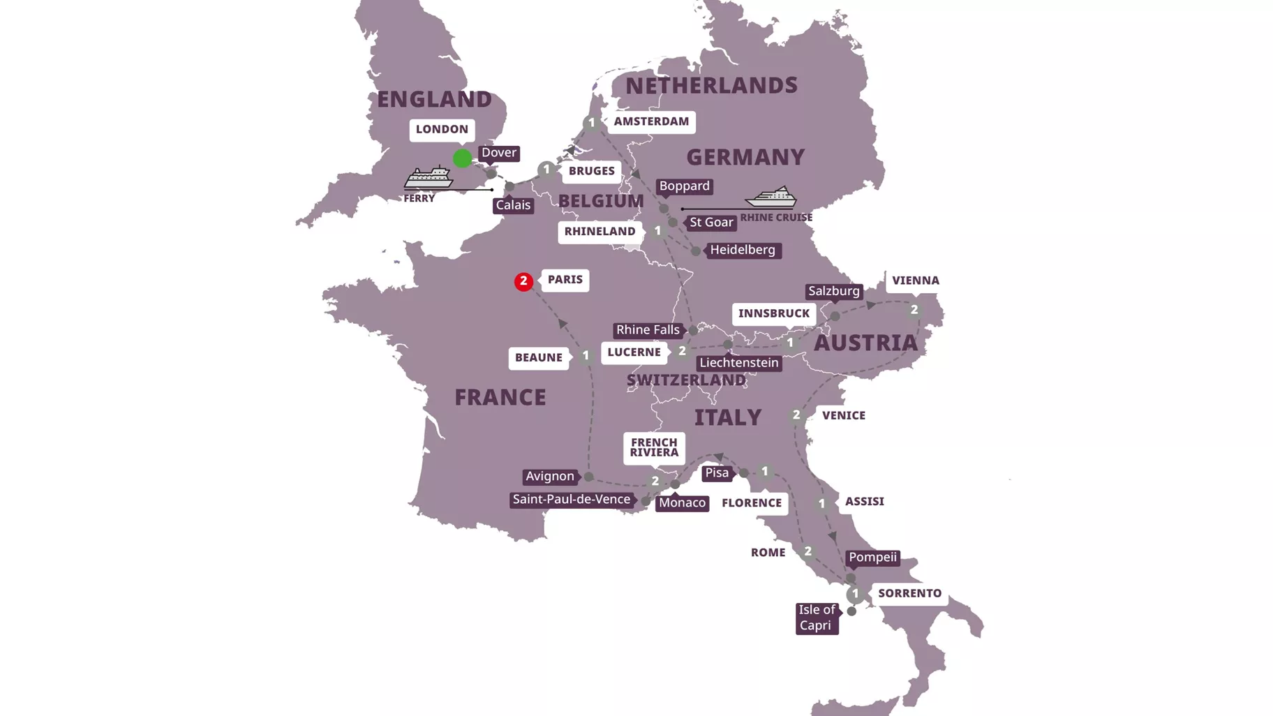 Grand European London Paris Guided Tour Map