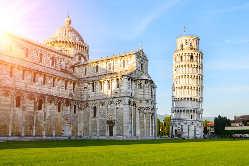 One of the most famous sights in Italy, the leaning tower of Pisa stands tall in Pisa, Italy.