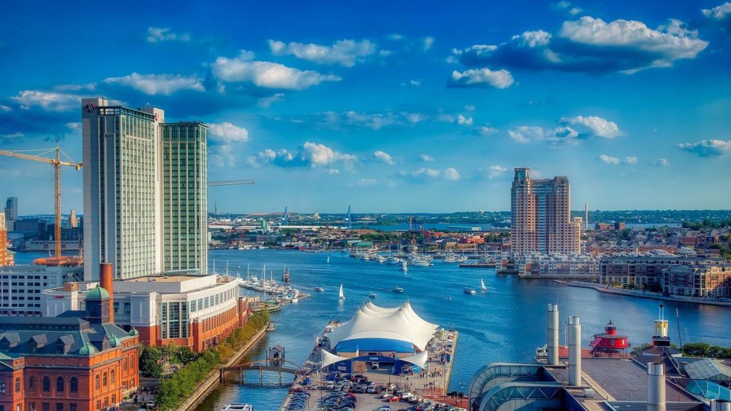 Baltimore harbour city skyline interstate travel USA