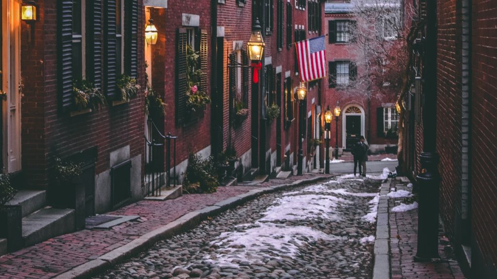 Snow on Boston's cobbled streets