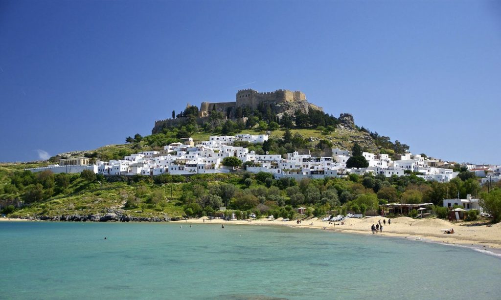 castle beach Lindos village Rhodes island Greece