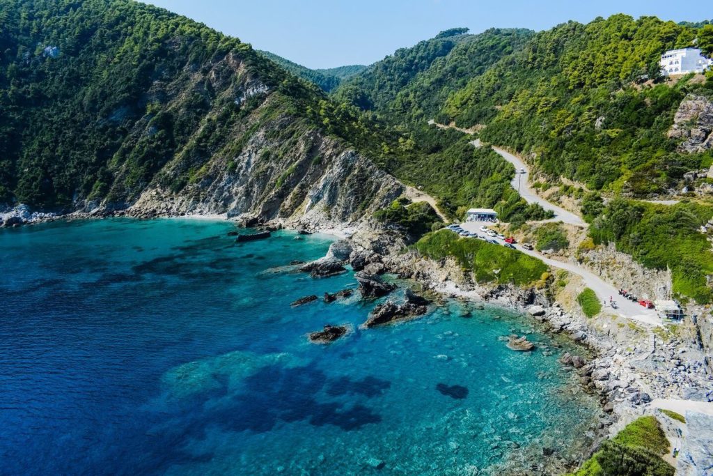 blue ocean green mountains Skopelos Greek island