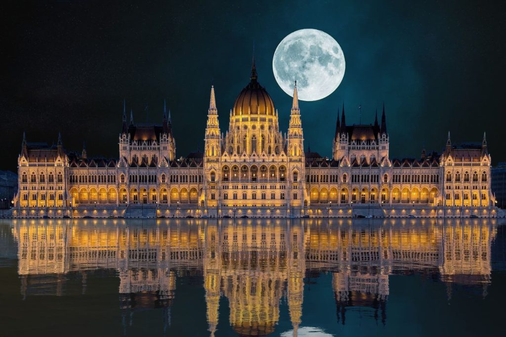 full moon over Hungarian Parliament Budapest