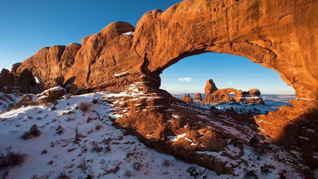 snow covering Arches National Park United States