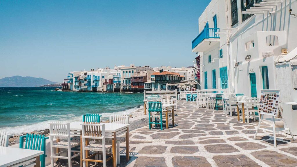 View of seaside cafe in Mykonos Greece
