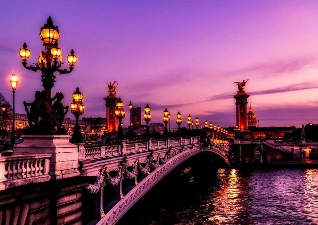 sunset lamps bridge Paris France