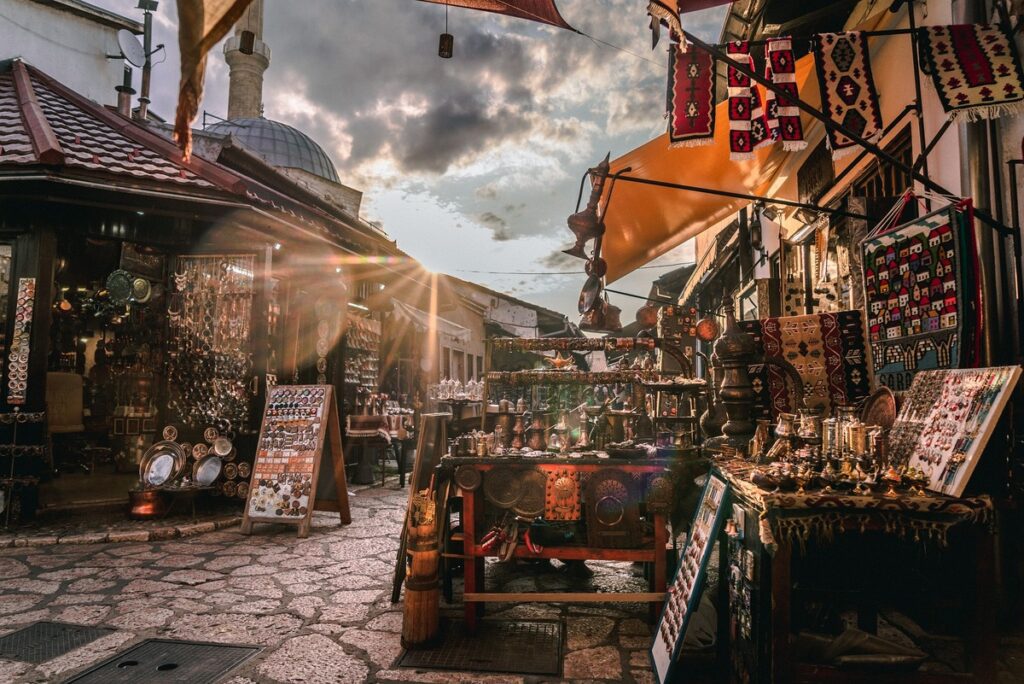 cobblestone market street in Sarajevo, Bosnia and Herzegovina