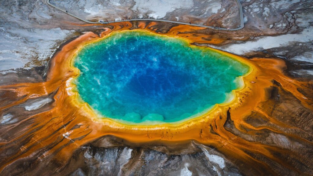 Aerial mage of the multicolored  Grand Prismatic Spring at Yellowstone National Park