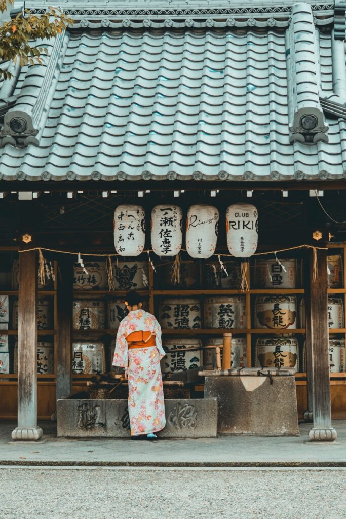 woman wearing a kimono at a temple in Japan