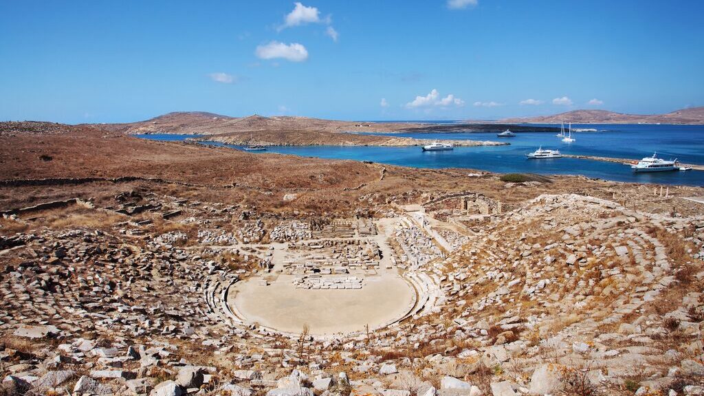 Aerial view of Ancient amphitheater on Delos Island, Greece