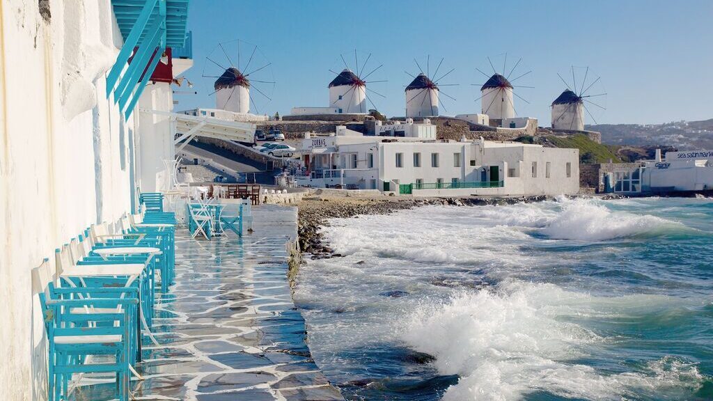 Cafe and windmills on Green island Mykonos 