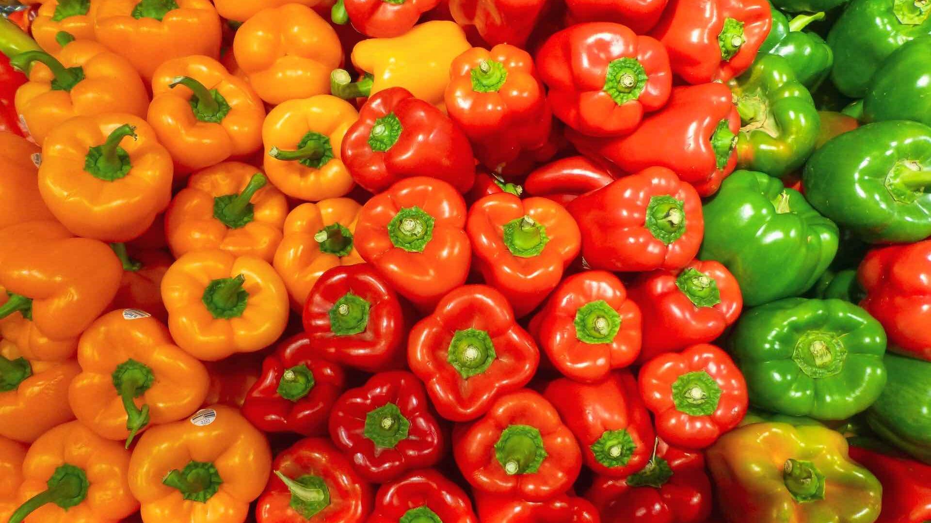 Birdseye view of orange, red and green peppers