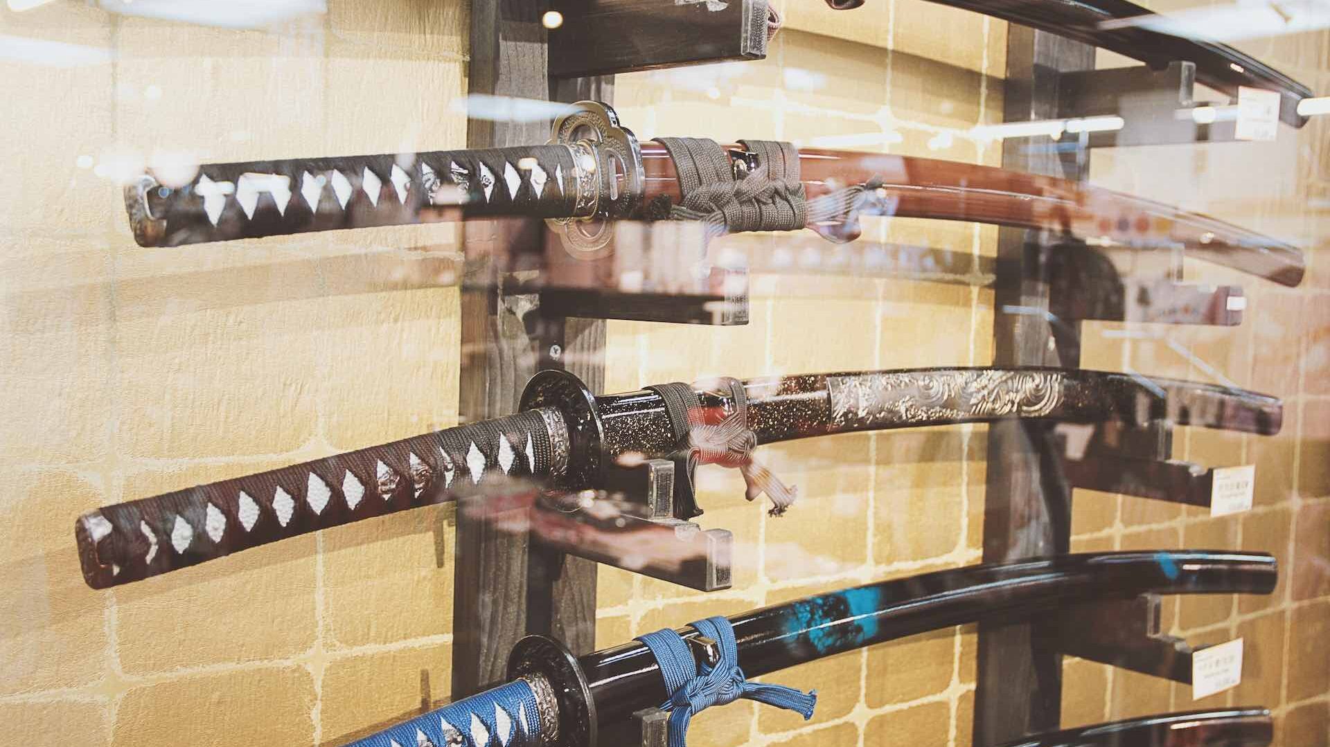Japanese samurai swords in display case