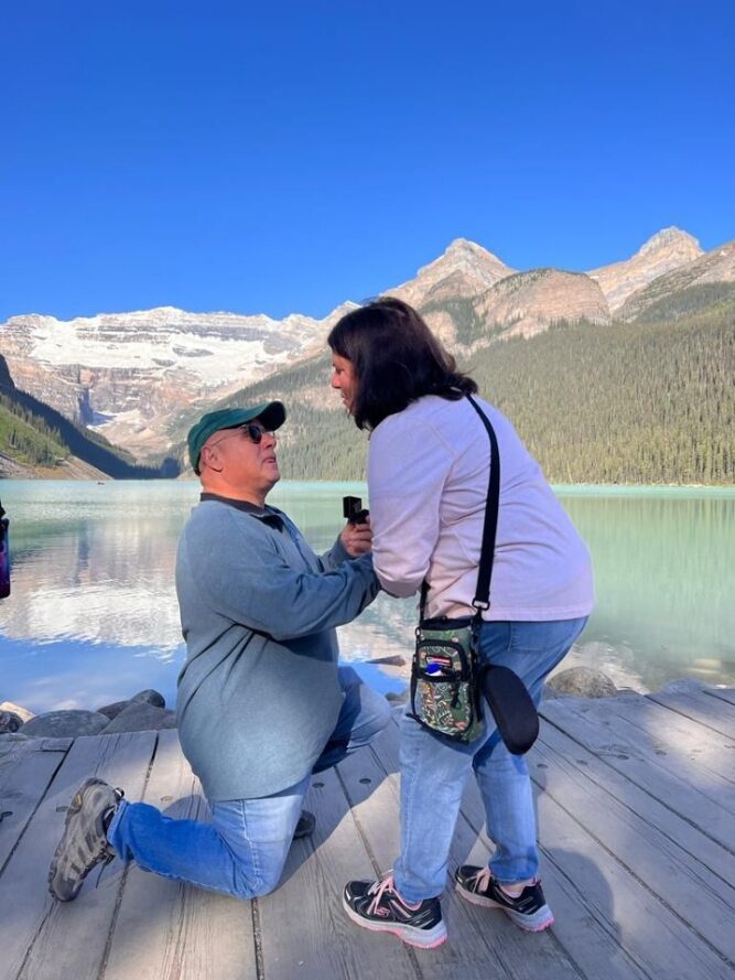 Arthur proposing at Lake Louise in Canada