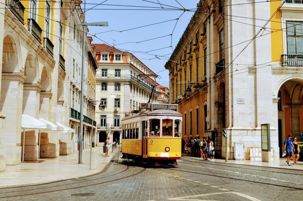 yellow tram Lisbon Portugal