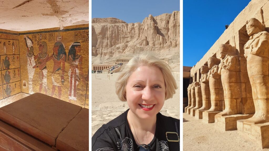 A triptych of photos, from left to right: Tutankhamun's tomb, Trafalgar Travel Director Patrizia in Egypt, a row of Egyptian statues