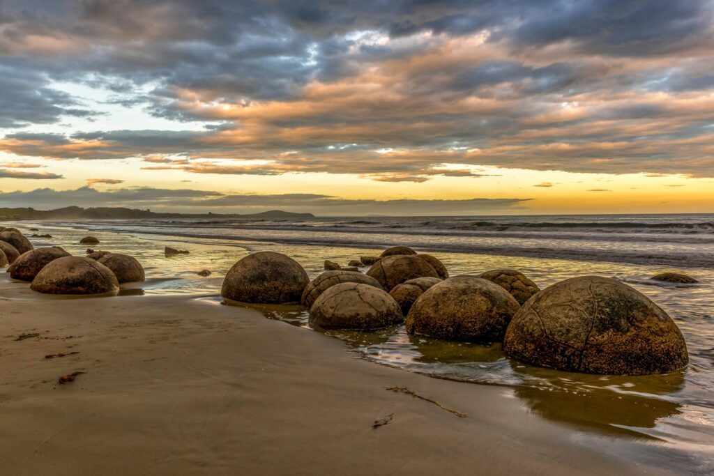 round Moeraki Boulders on the beach in New Zealand