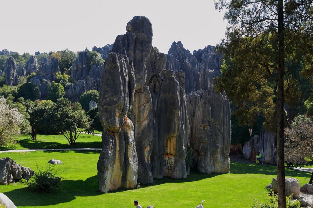 towering rock formations at the Stone Forest in China