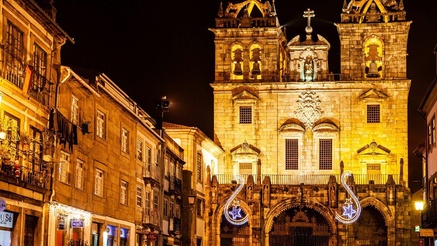 cathedral illuminated with Christmas decorations Portugal