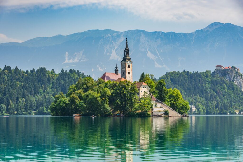 Church built on an island in lake bled