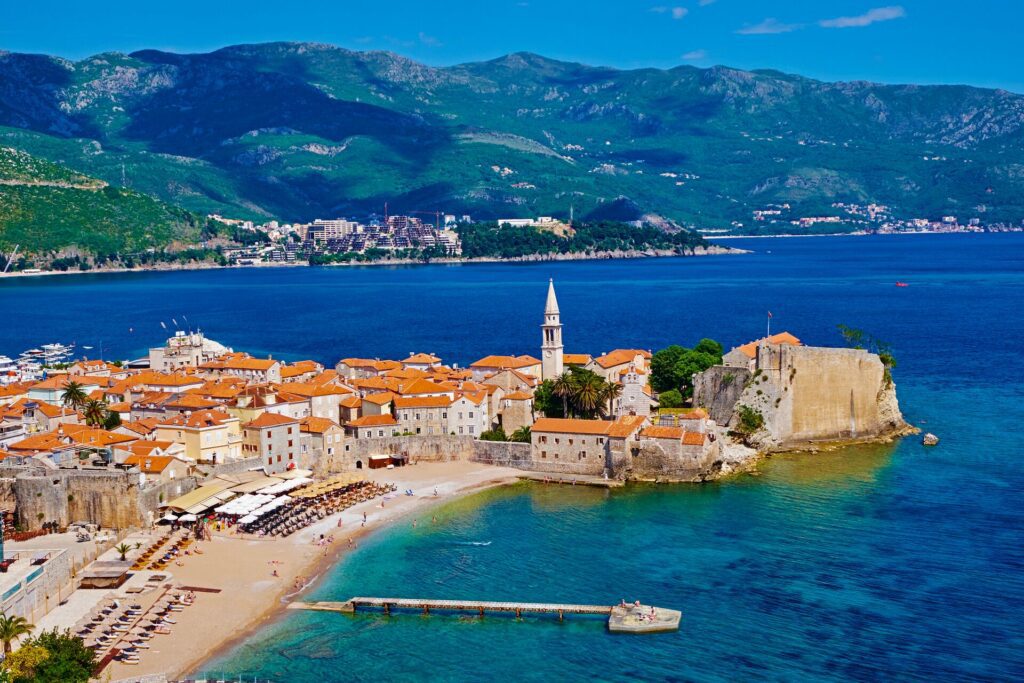 Budva town surrounded by beautiful blue water in Montenegro